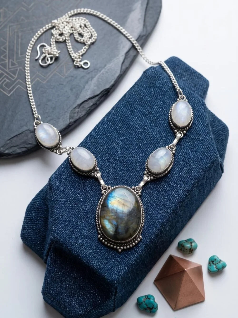 925 Silver Genuine Labradorite Moonstone Statement Necklace Whimsigoth Bohemian